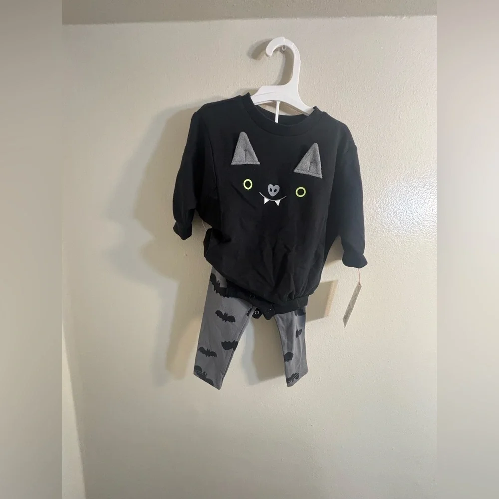 6-9M Cat & Jack Baby Bat Face Sweatshirt Romper & Legging Set Halloween